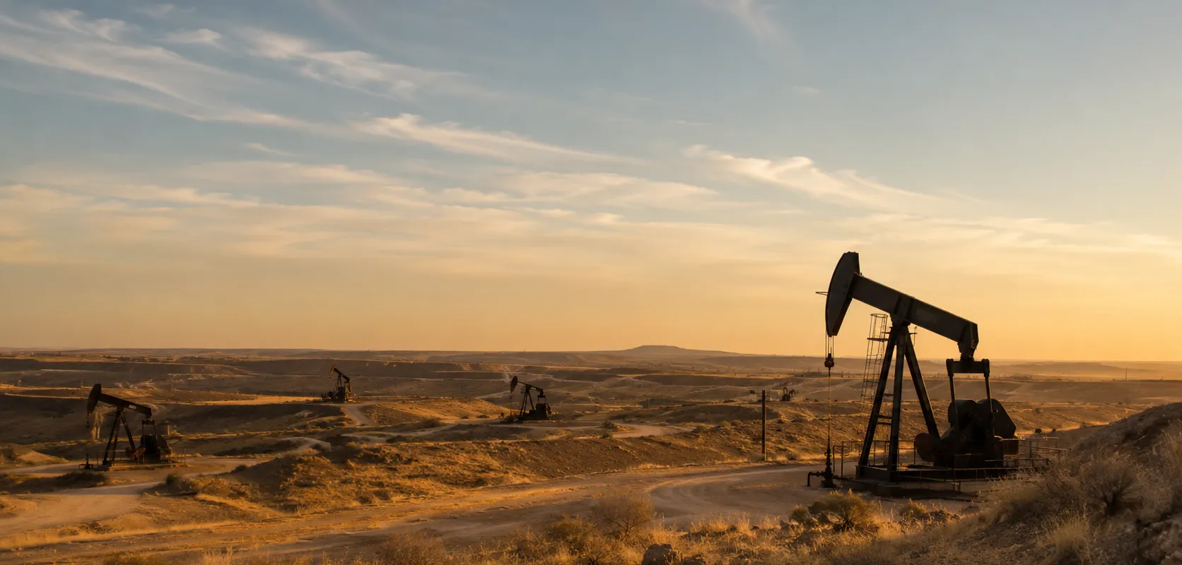 Oil field at dusk